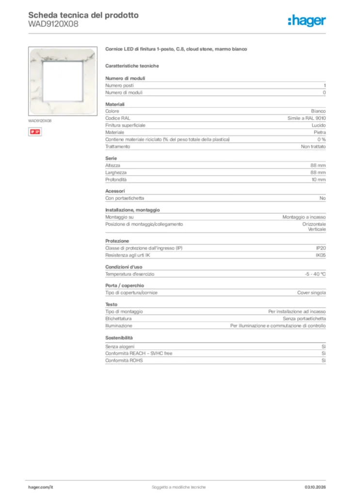 Immagine Hager Scheda tecnica del prodotto WAD9120X08 | Hager Italia