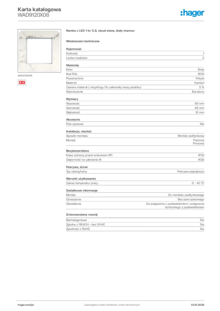Zdjęcie Hager Karta katalogowa WAD9120X08 | Hager Polska
