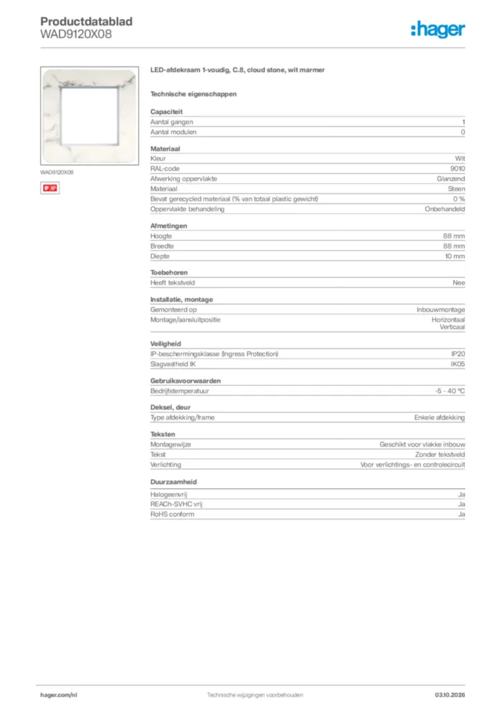 Afbeelding Hager Productdatablad WAD9120X08 | Hager Nederland