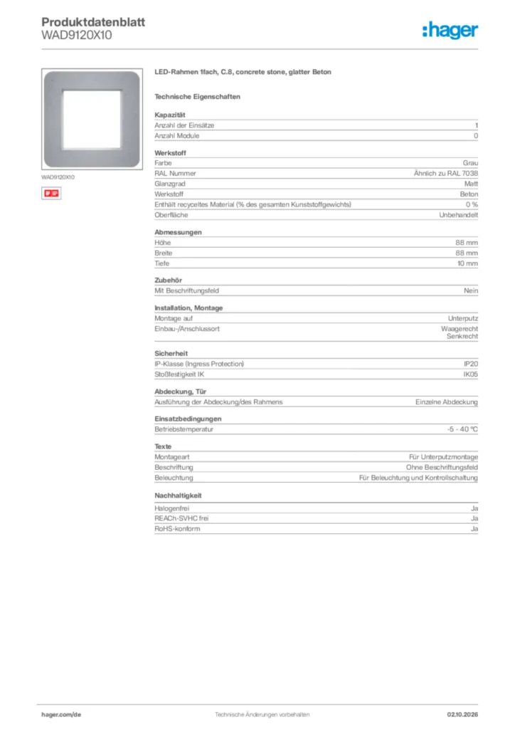 Bild Hager Produktdatenblatt WAD9120X10 | Hager Deutschland