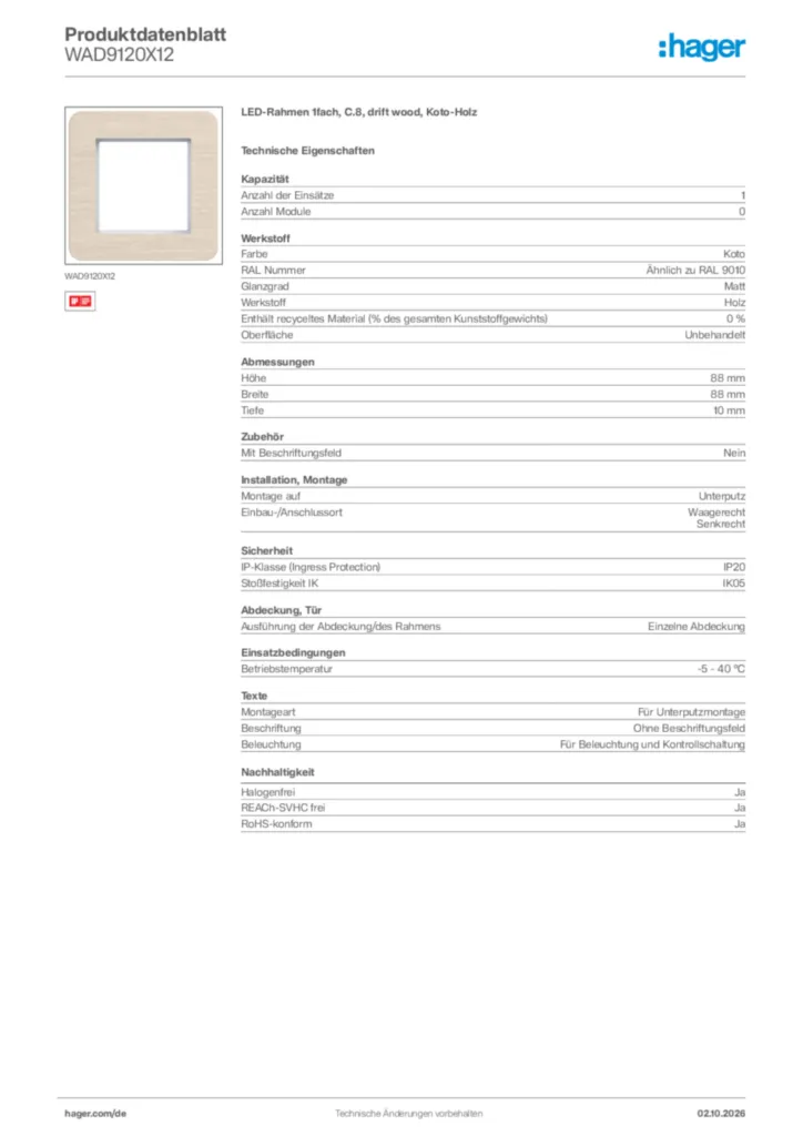 Bild Hager Produktdatenblatt WAD9120X12 | Hager Deutschland