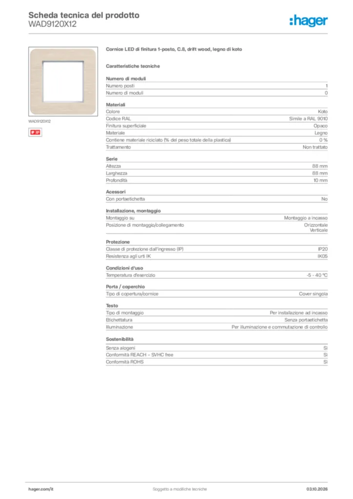 Immagine Hager Scheda tecnica del prodotto WAD9120X12 | Hager Italia