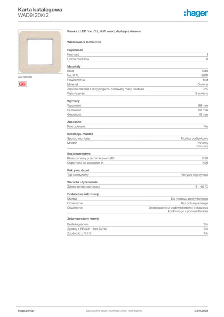 Zdjęcie Hager Karta katalogowa WAD9120X12 | Hager Polska