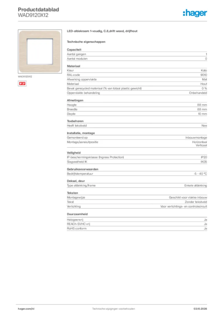 Afbeelding Hager Productdatablad WAD9120X12 | Hager Nederland