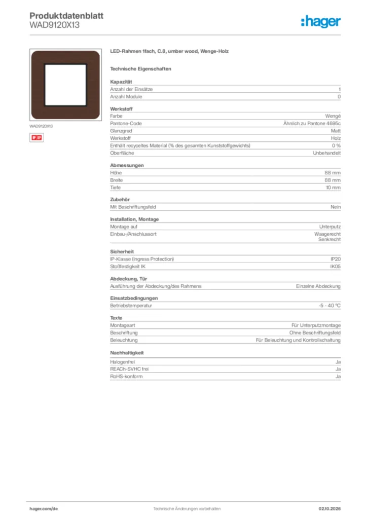 Bild Hager Produktdatenblatt WAD9120X13 | Hager Deutschland