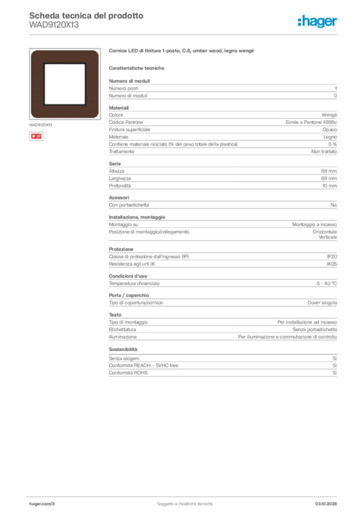Immagine Hager Scheda tecnica del prodotto WAD9120X13 | Hager Italia