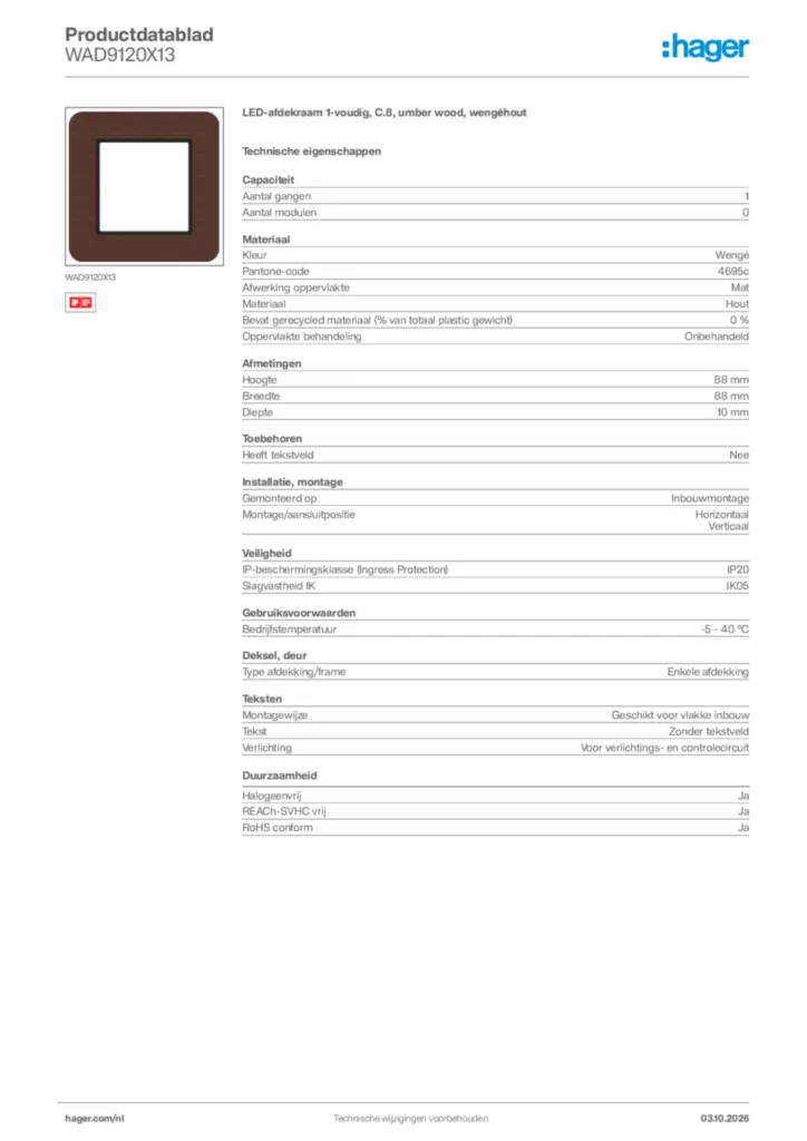 Afbeelding Hager Productdatablad WAD9120X13 | Hager Nederland