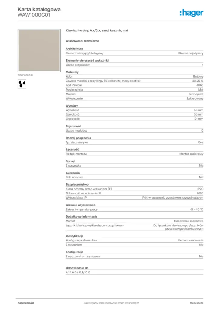 Zdjęcie Hager Karta katalogowa WAW1000C01 | Hager Polska