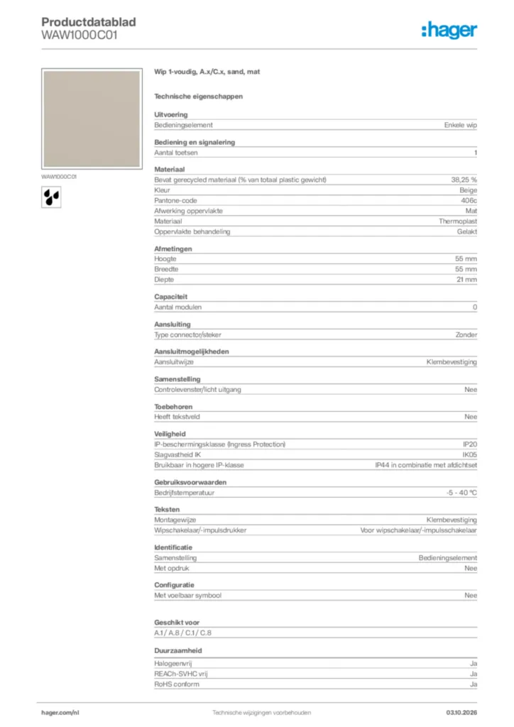 Afbeelding Hager Productdatablad WAW1000C01 | Hager Nederland