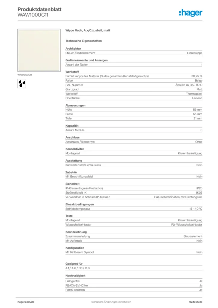 Bild Hager Produktdatenblatt WAW1000C11 | Hager Deutschland