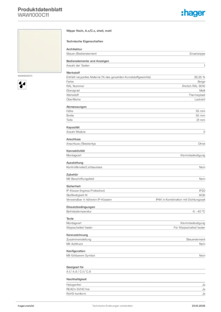 Bild Hager Produktdatenblatt WAW1000C11 | Hager Deutschland