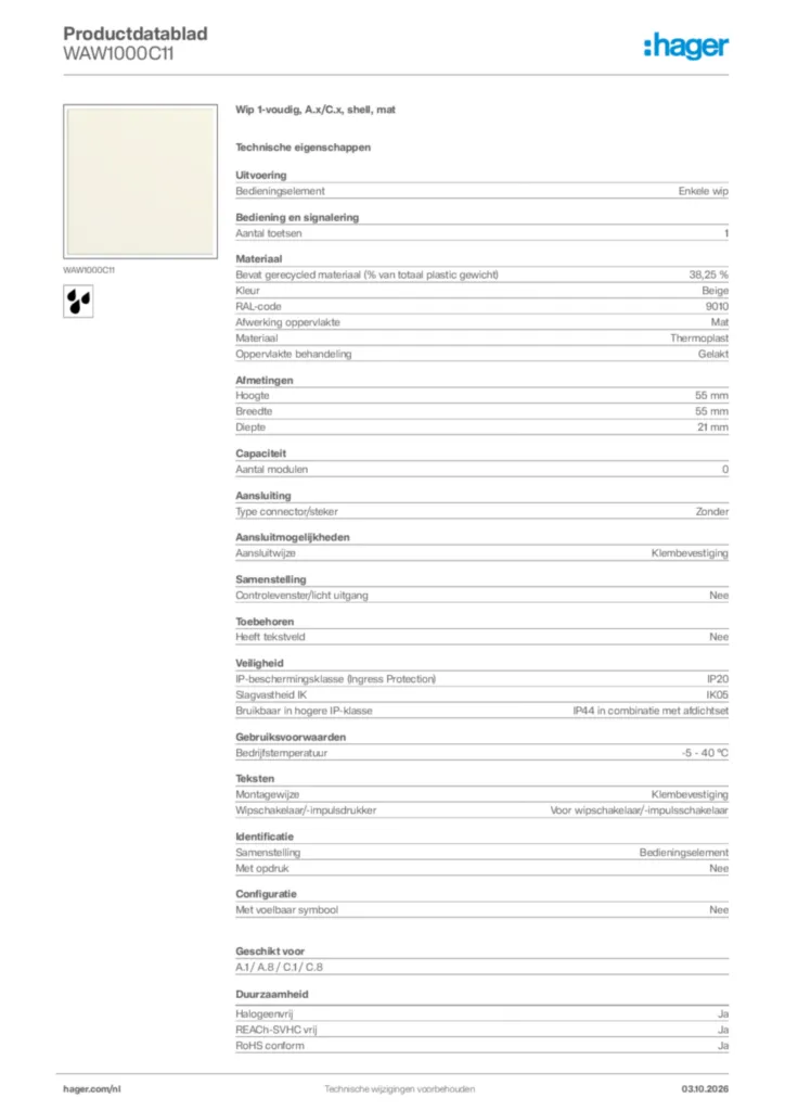 Afbeelding Hager Productdatablad WAW1000C11 | Hager Nederland