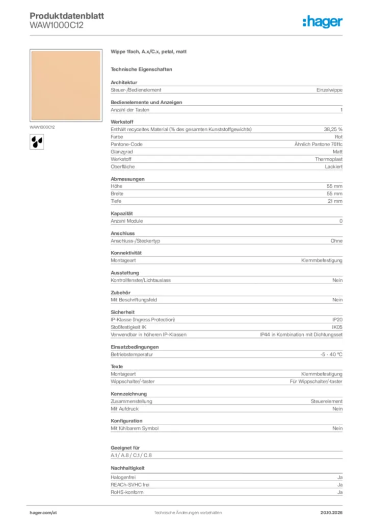 Bild Hager Produktdatenblatt WAW1000C12 | Hager Deutschland