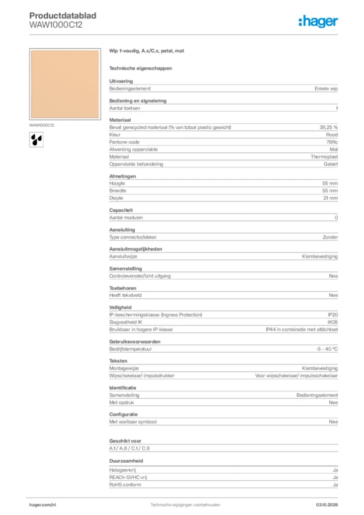 Afbeelding Hager Productdatablad WAW1000C12 | Hager Nederland