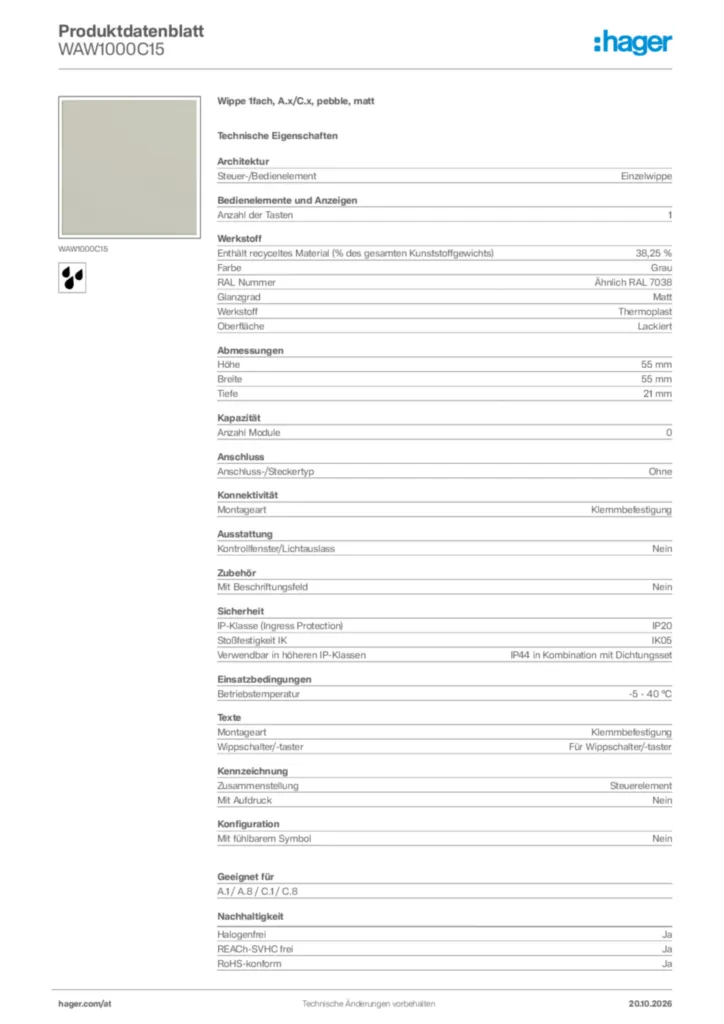 Bild Hager Produktdatenblatt WAW1000C15 | Hager Deutschland
