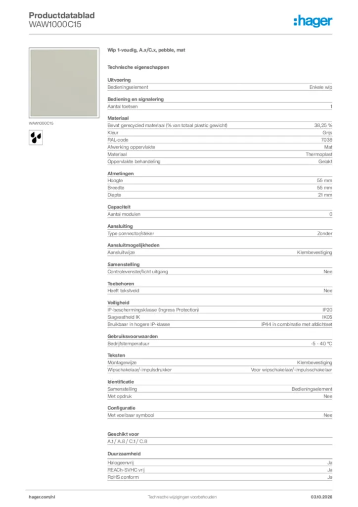 Afbeelding Hager Productdatablad WAW1000C15 | Hager Nederland