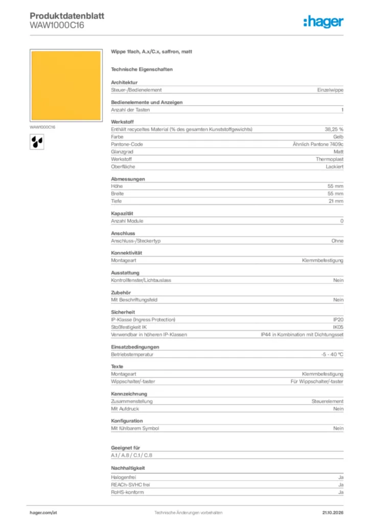 Bild Hager Produktdatenblatt WAW1000C16 | Hager Deutschland