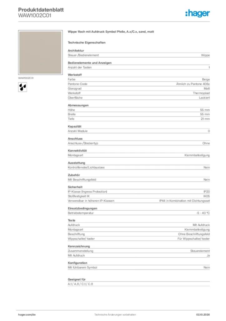 Bild Hager Produktdatenblatt WAW1002C01 | Hager Deutschland