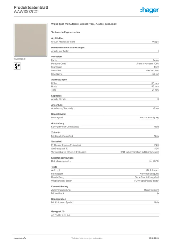 Bild Hager Produktdatenblatt WAW1002C01 | Hager Deutschland