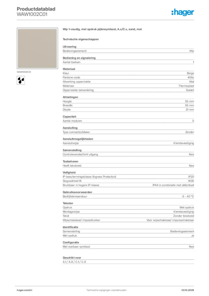 Afbeelding Hager Productdatablad WAW1002C01 | Hager Nederland