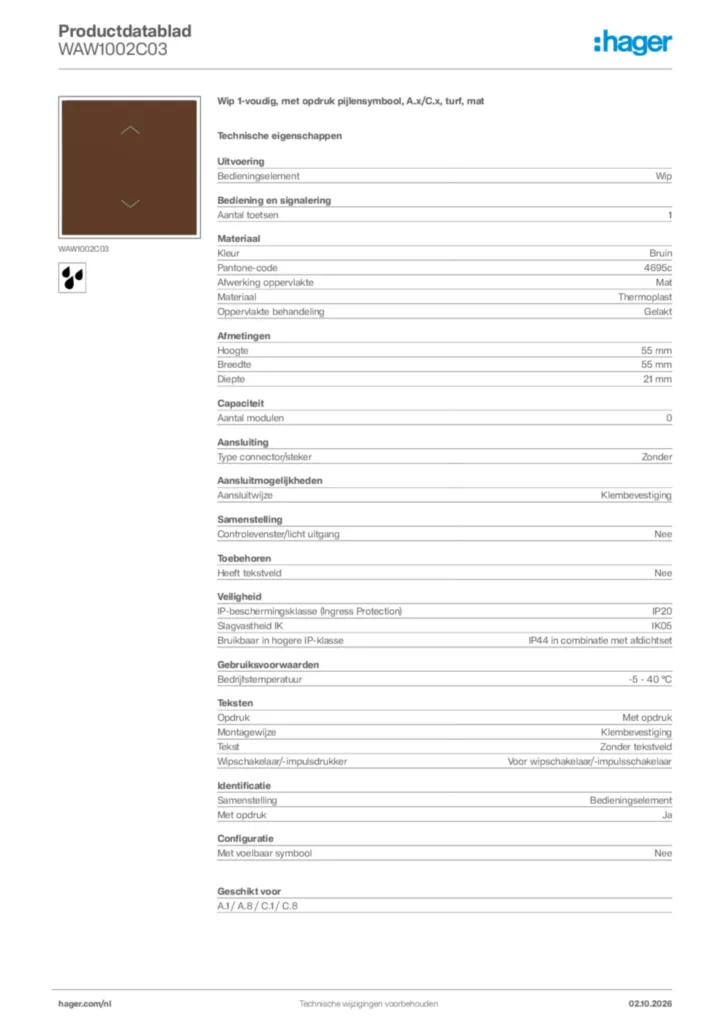 Afbeelding Hager Productdatablad WAW1002C03 | Hager Nederland