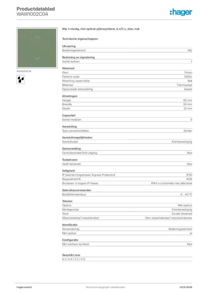 Afbeelding Hager Productdatablad WAW1002C04 | Hager Nederland
