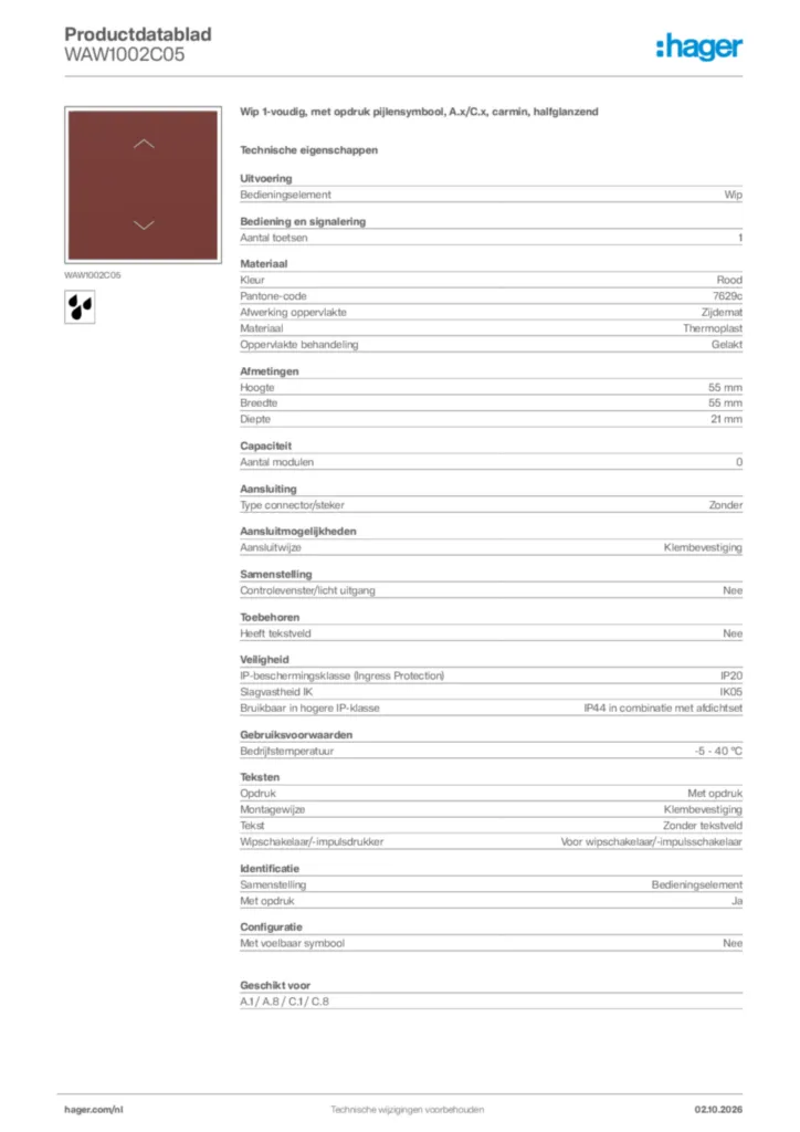 Afbeelding Hager Productdatablad WAW1002C05 | Hager Nederland