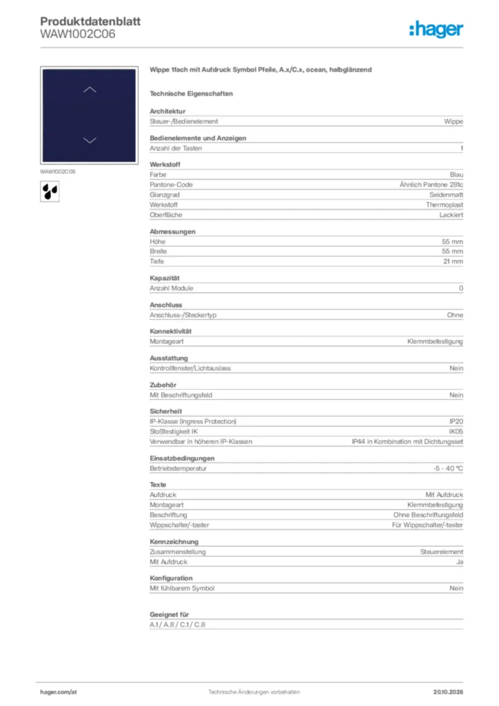 Bild Hager Produktdatenblatt WAW1002C06 | Hager Deutschland