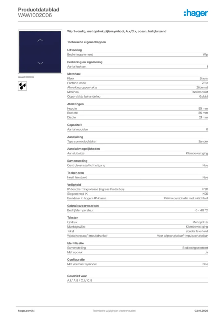 Afbeelding Hager Productdatablad WAW1002C06 | Hager Nederland