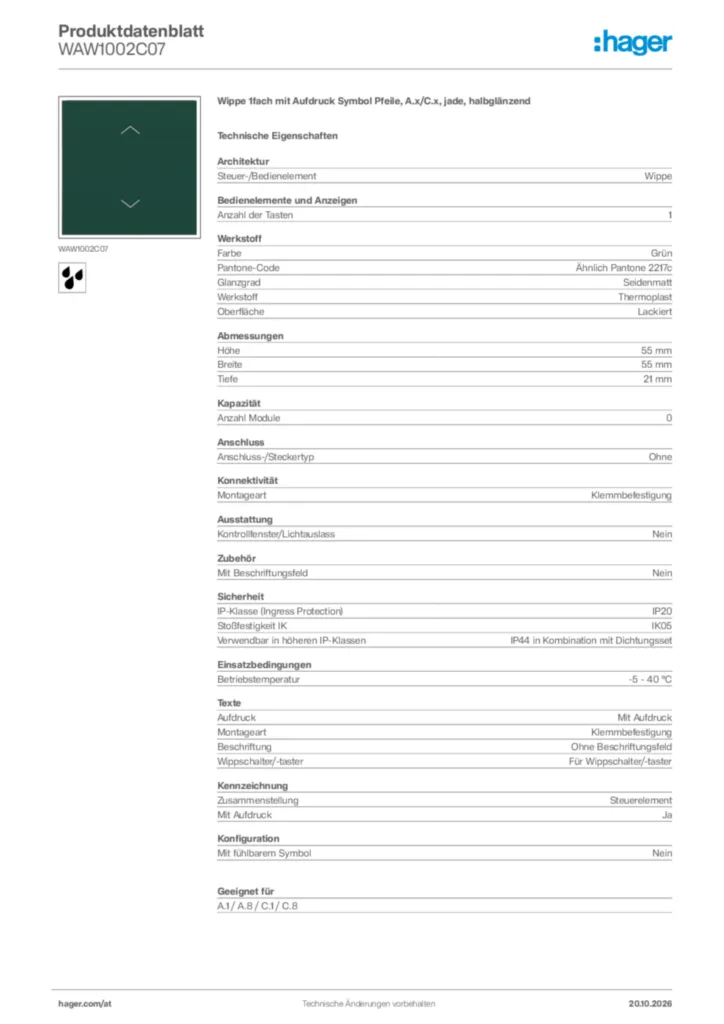 Bild Hager Produktdatenblatt WAW1002C07 | Hager Deutschland