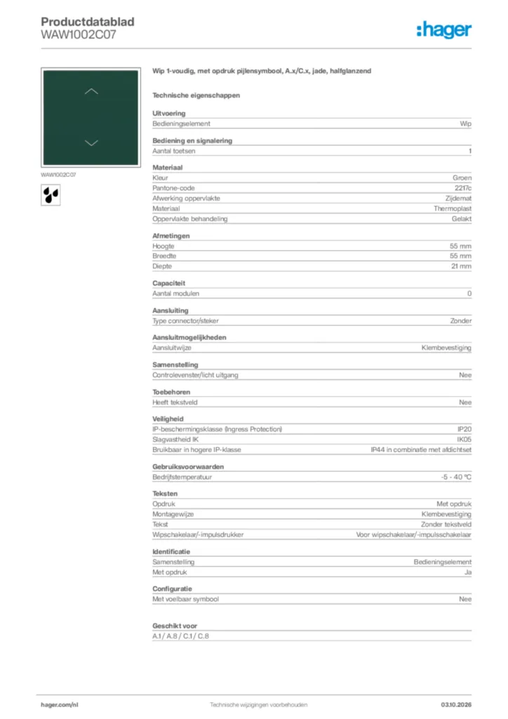 Afbeelding Hager Productdatablad WAW1002C07 | Hager Nederland