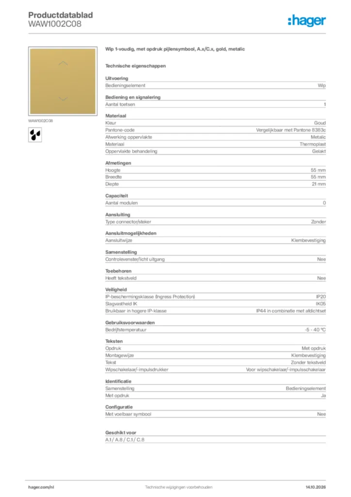 Afbeelding Hager Productdatablad WAW1002C08 | Hager Nederland