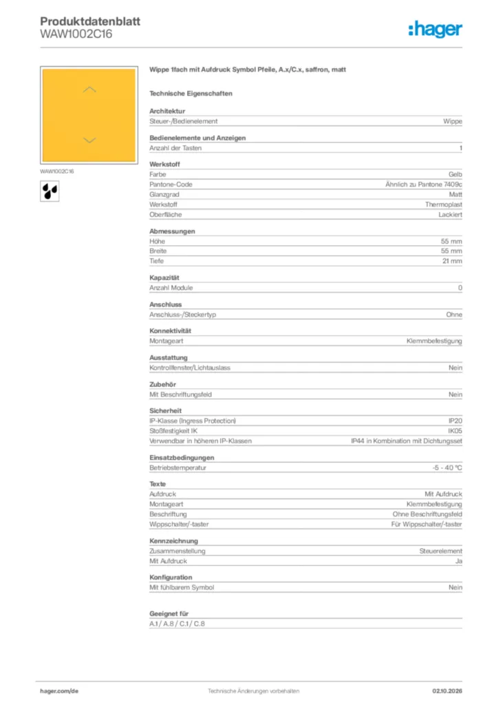 Bild Hager Produktdatenblatt WAW1002C16 | Hager Deutschland