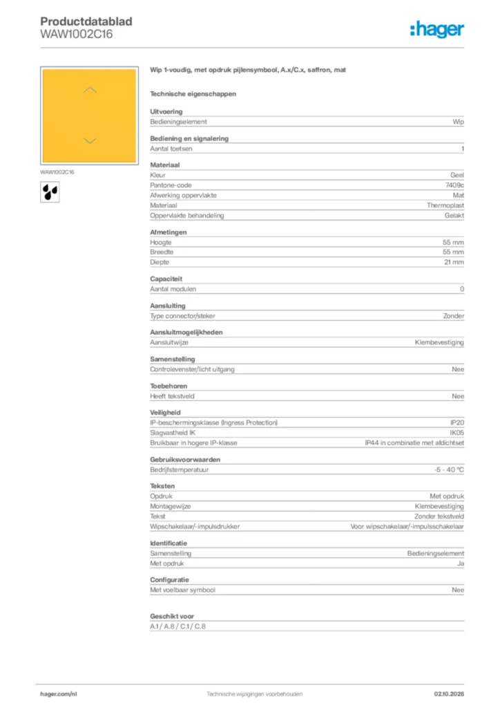 Afbeelding Hager Productdatablad WAW1002C16 | Hager Nederland