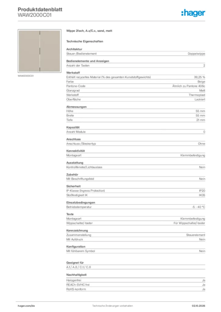 Bild Hager Produktdatenblatt WAW2000C01 | Hager Deutschland