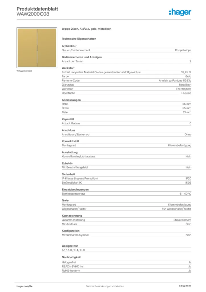 Bild Hager Produktdatenblatt WAW2000C08 | Hager Deutschland