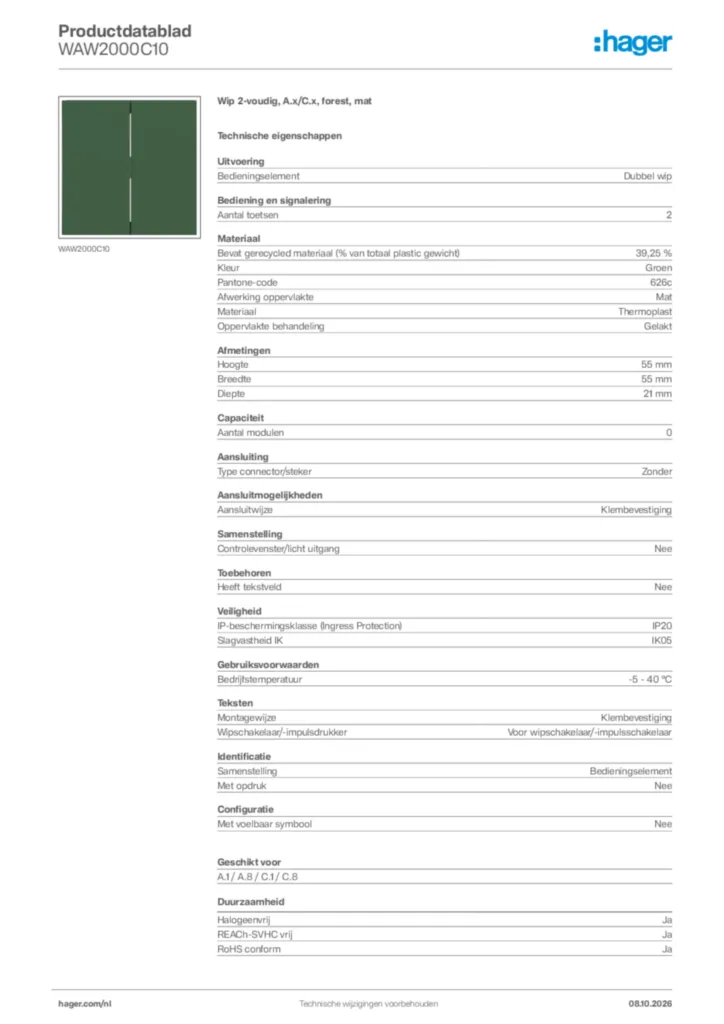 Afbeelding Hager Productdatablad WAW2000C10 | Hager Nederland
