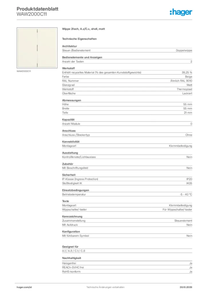 Bild Hager Produktdatenblatt WAW2000C11 | Hager Deutschland