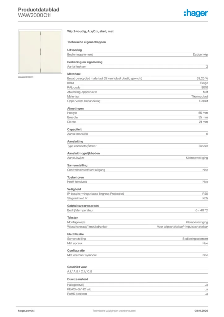 Afbeelding Hager Productdatablad WAW2000C11 | Hager Nederland