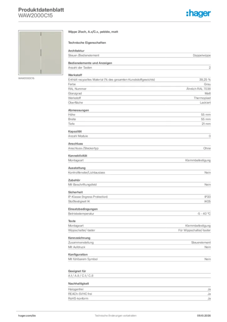 Bild Hager Produktdatenblatt WAW2000C15 | Hager Deutschland