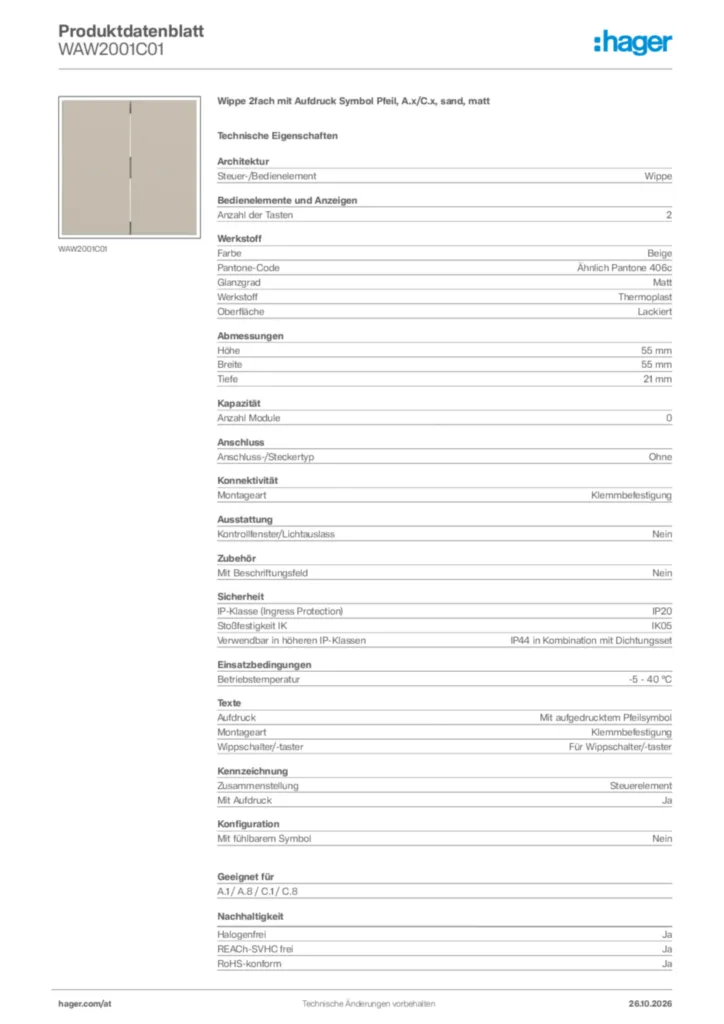 Bild Hager Produktdatenblatt WAW2001C01 | Hager Deutschland