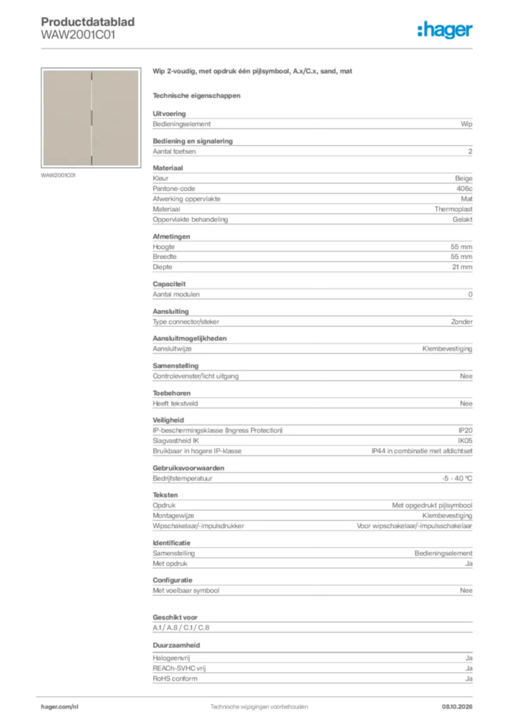 Afbeelding Hager Productdatablad WAW2001C01 | Hager Nederland
