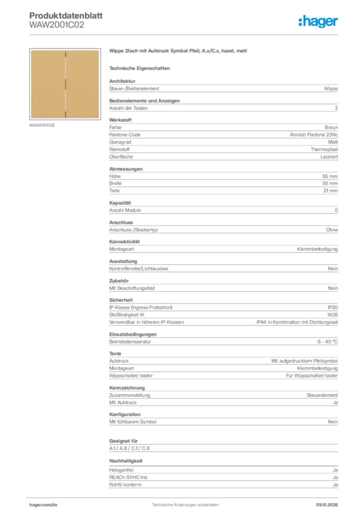 Bild Hager Produktdatenblatt WAW2001C02 | Hager Deutschland
