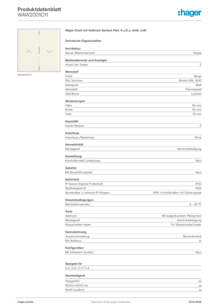 Bild Hager Produktdatenblatt WAW2001C11 | Hager Deutschland