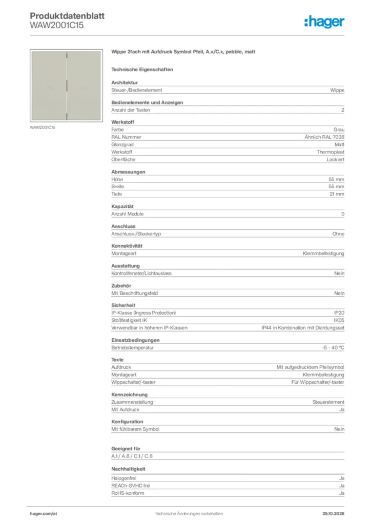 Bild Hager Produktdatenblatt WAW2001C15 | Hager Deutschland