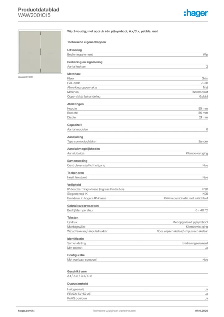 Afbeelding Hager Productdatablad WAW2001C15 | Hager Nederland