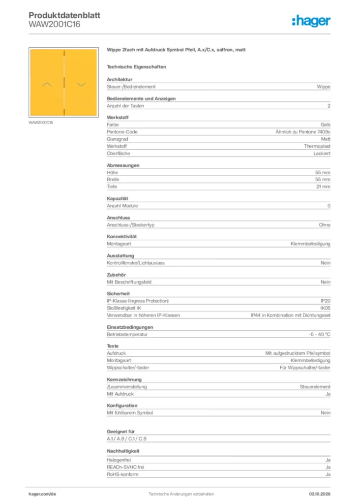 Bild Hager Produktdatenblatt WAW2001C16 | Hager Deutschland