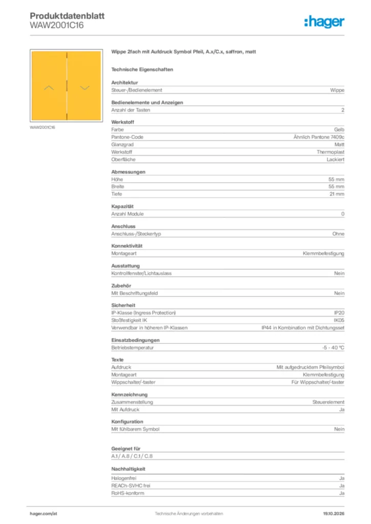 Bild Hager Produktdatenblatt WAW2001C16 | Hager Deutschland
