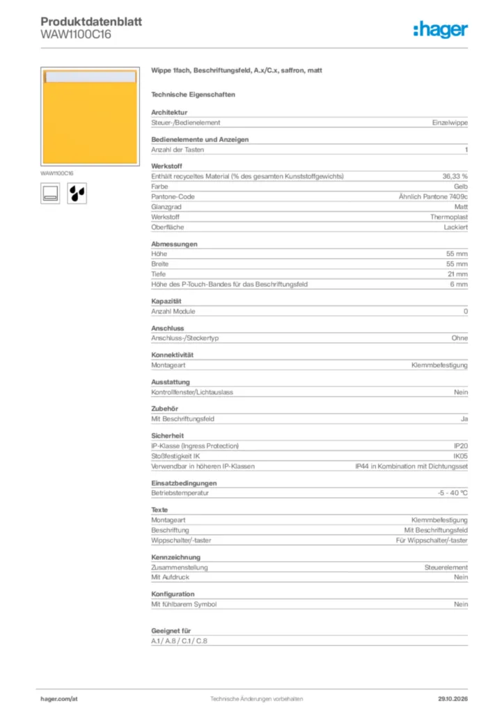 Bild Hager Produktdatenblatt WAW1100C16 | Hager Deutschland
