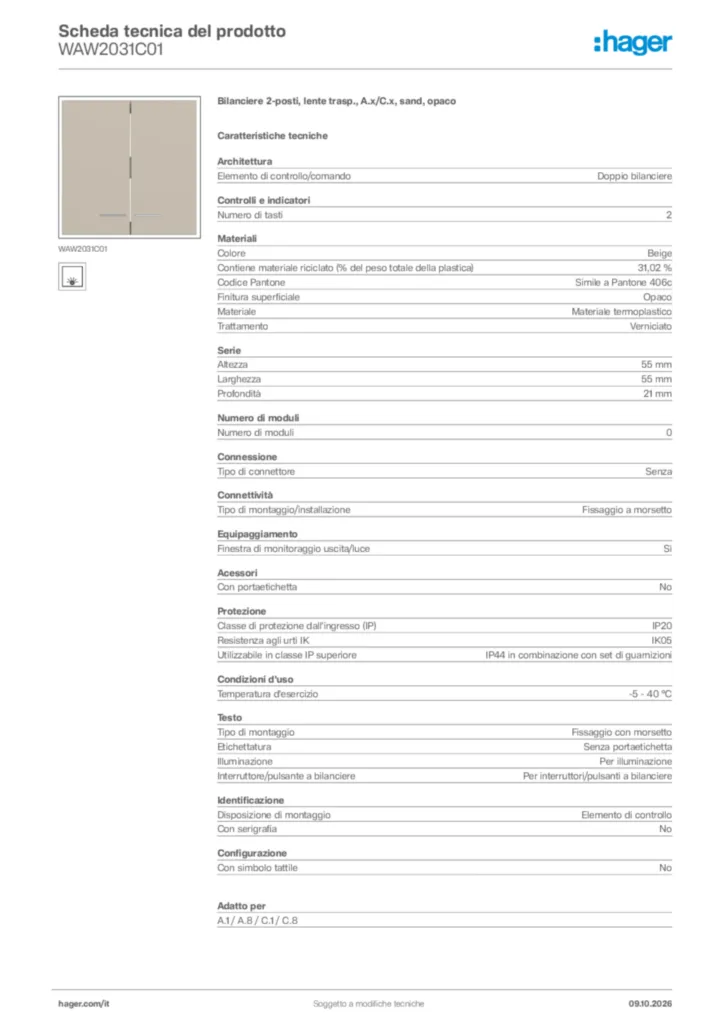 Immagine Hager Scheda tecnica del prodotto WAW2031C01 | Hager Italia